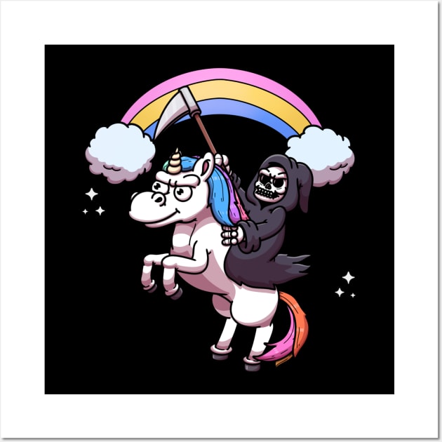 Grim Reaper Riding Unicorn Rainbow Edition Wall Art by TheMaskedTooner